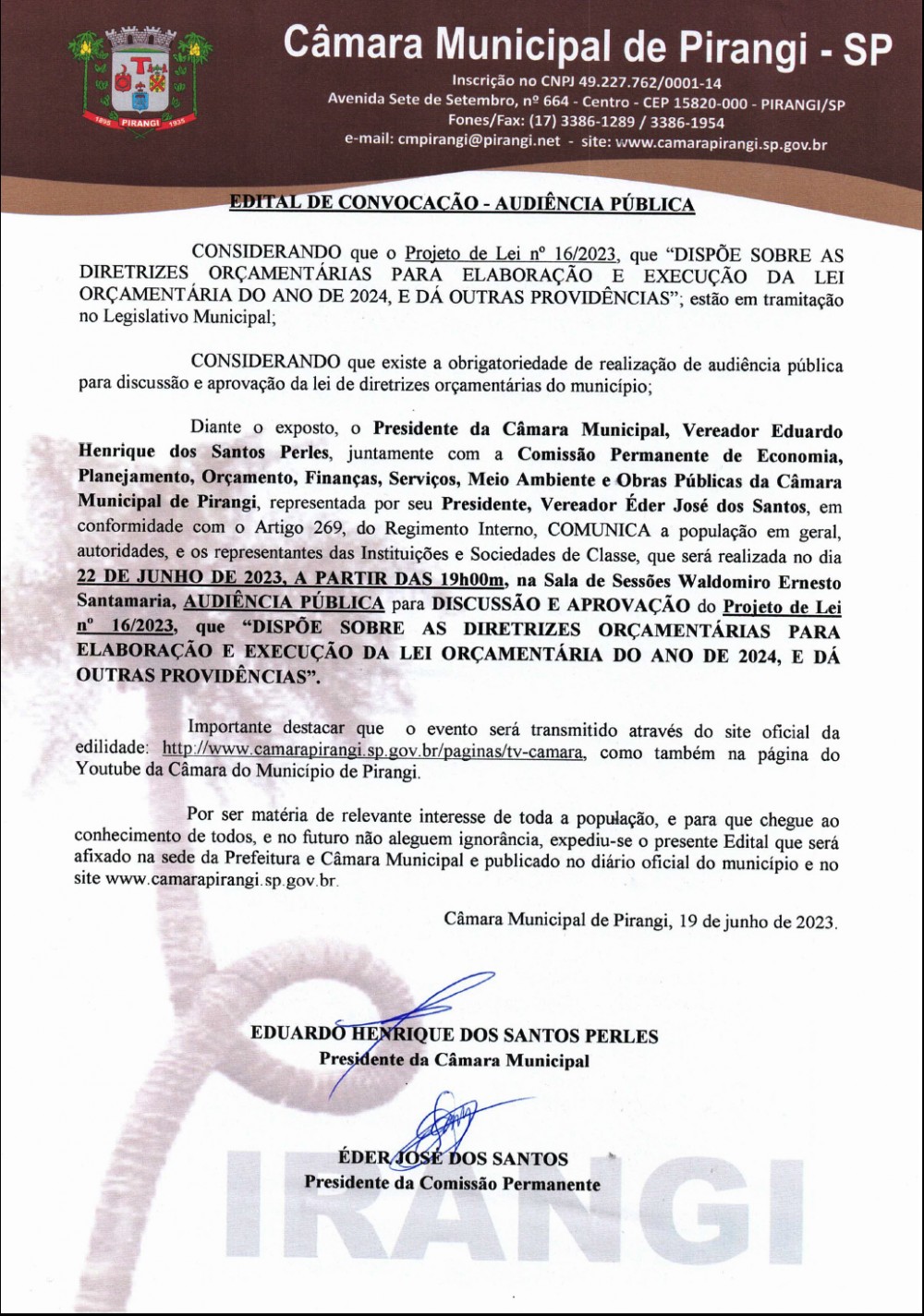 Câmara realiza audiência para discutir LDO 2024.