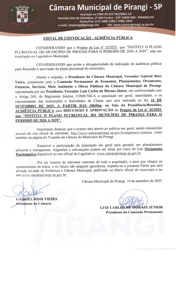 Câmara Municipal de Pirangi convoca população para Audiência Pública sobre o Plano Plurianual 2026–2029.