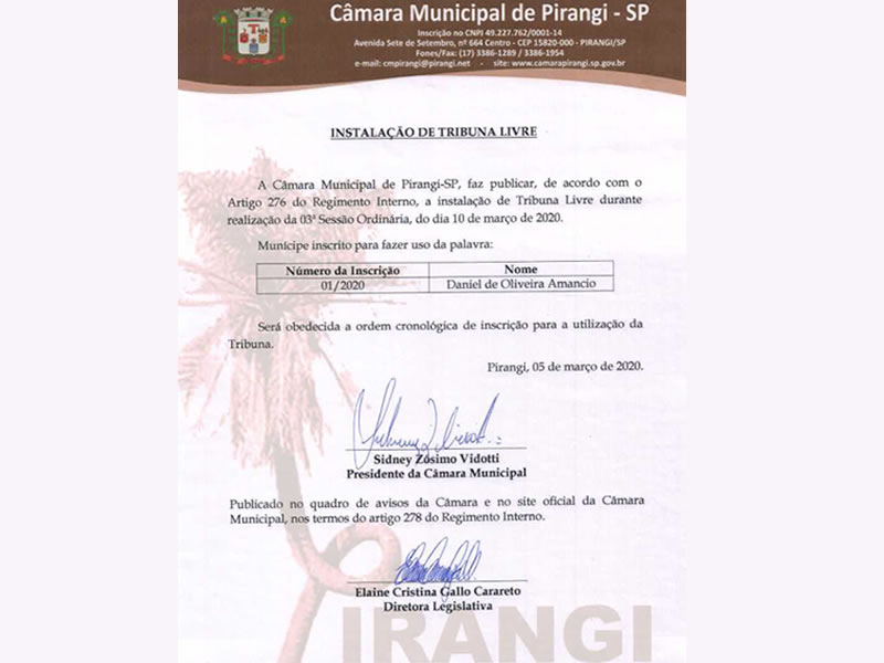 Instalação de Tribuna Livre.