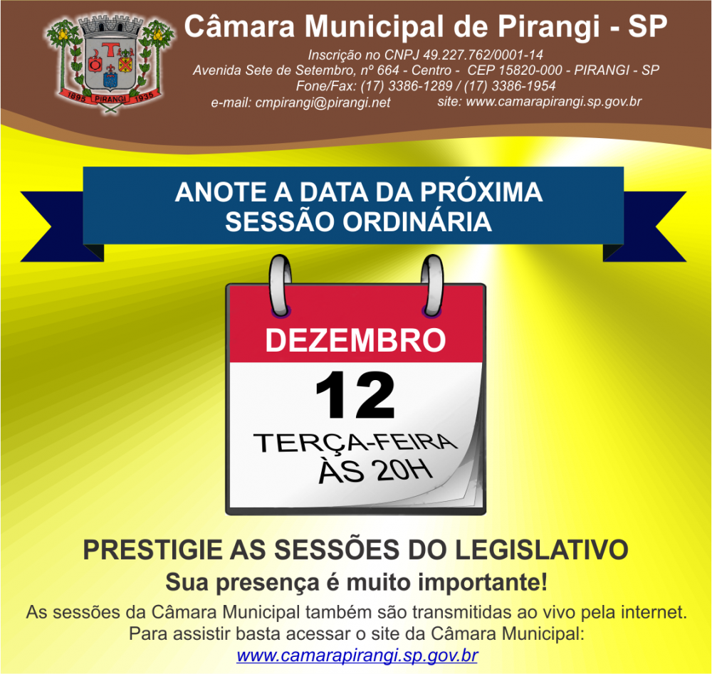Última sessão ordinária do ano acontece na próxima terça-feira (12). 