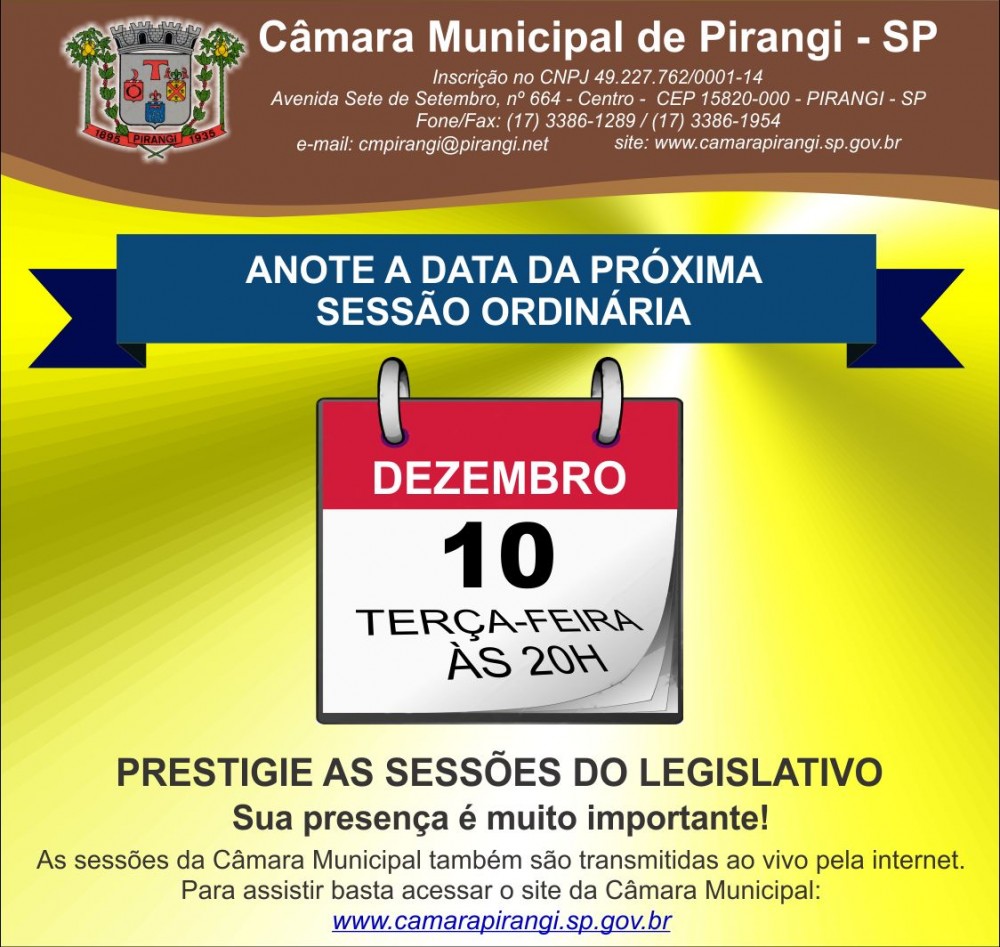 Calendário de sessões ordinárias para o mês de dezembro.