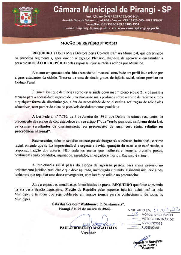 Câmara de Pirangi repudia possível caso de racismo.