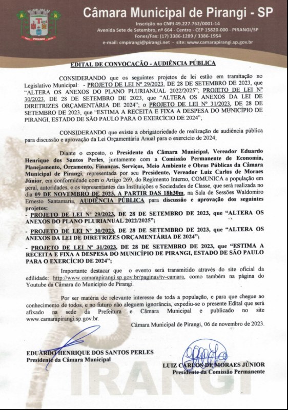 Câmara realiza audiência pública para discutir orçamento para 2024.