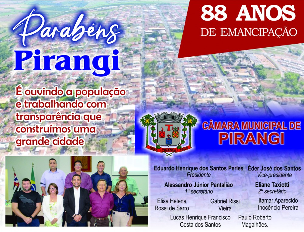 Câmara parabeniza Pirangi pelos 88 anos de emancipação.