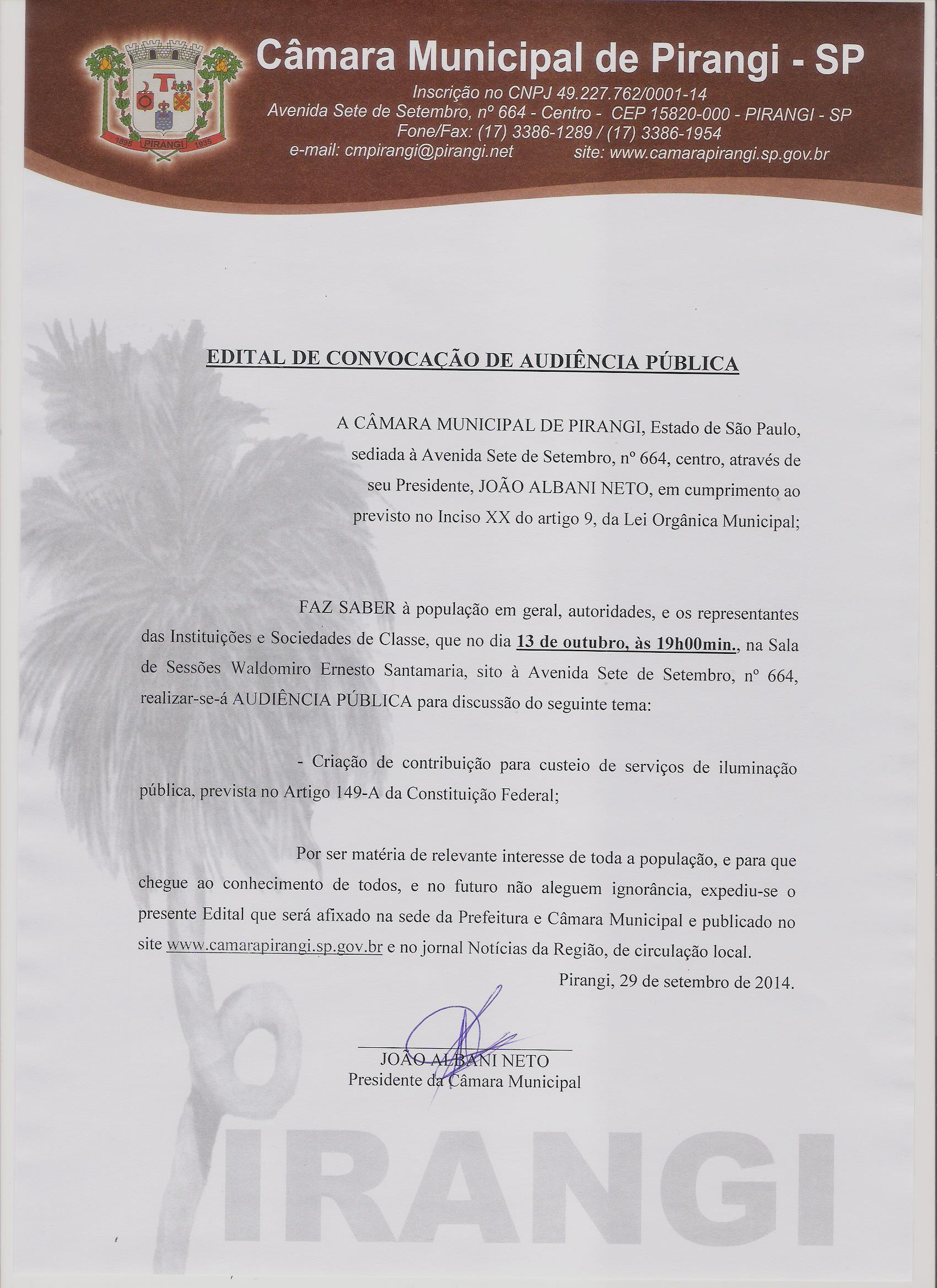Edital de Convocação de Audiência Pública.