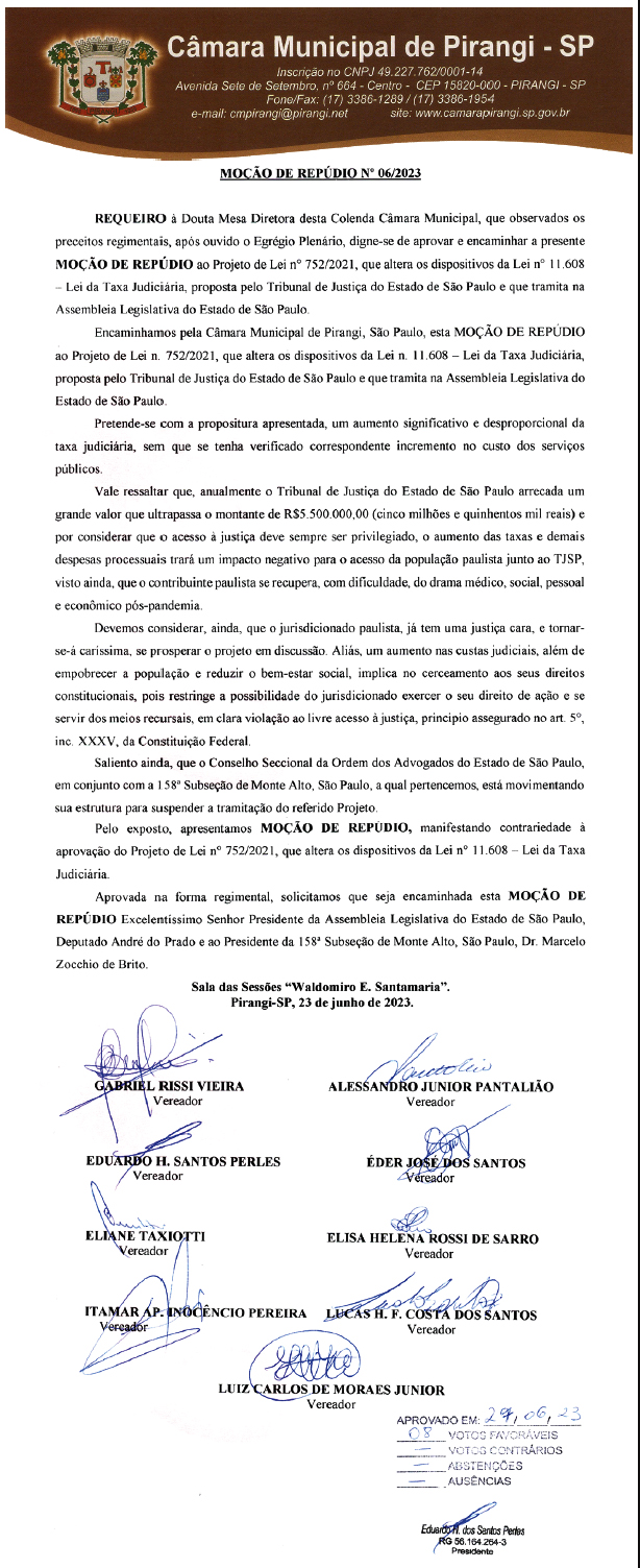 Vereadores aprovam moção de repúdio a projeto que aumenta taxas judiciárias em todo estado.