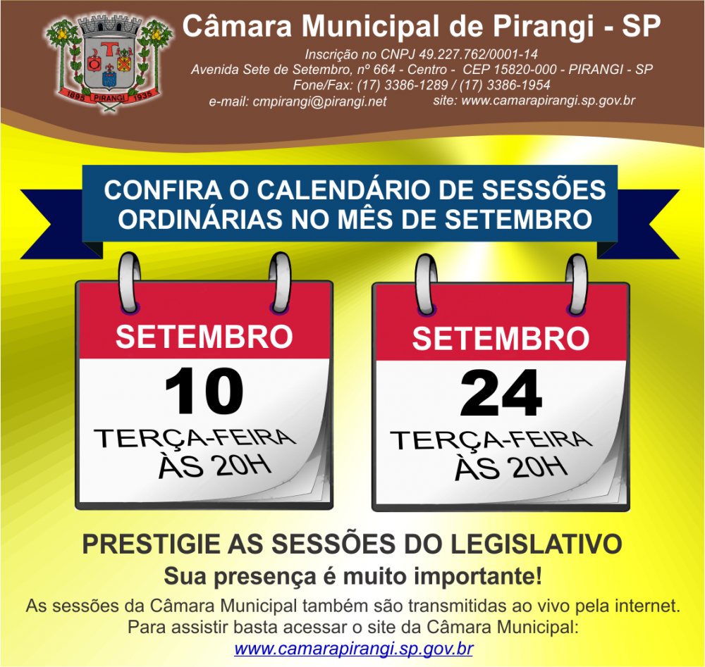 Calendário de sessões ordinárias para o mês de setembro.