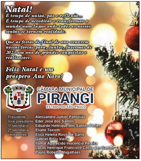 A Câmara Municipal deseja a todos um Feliz Natal e próspero Ano Novo!