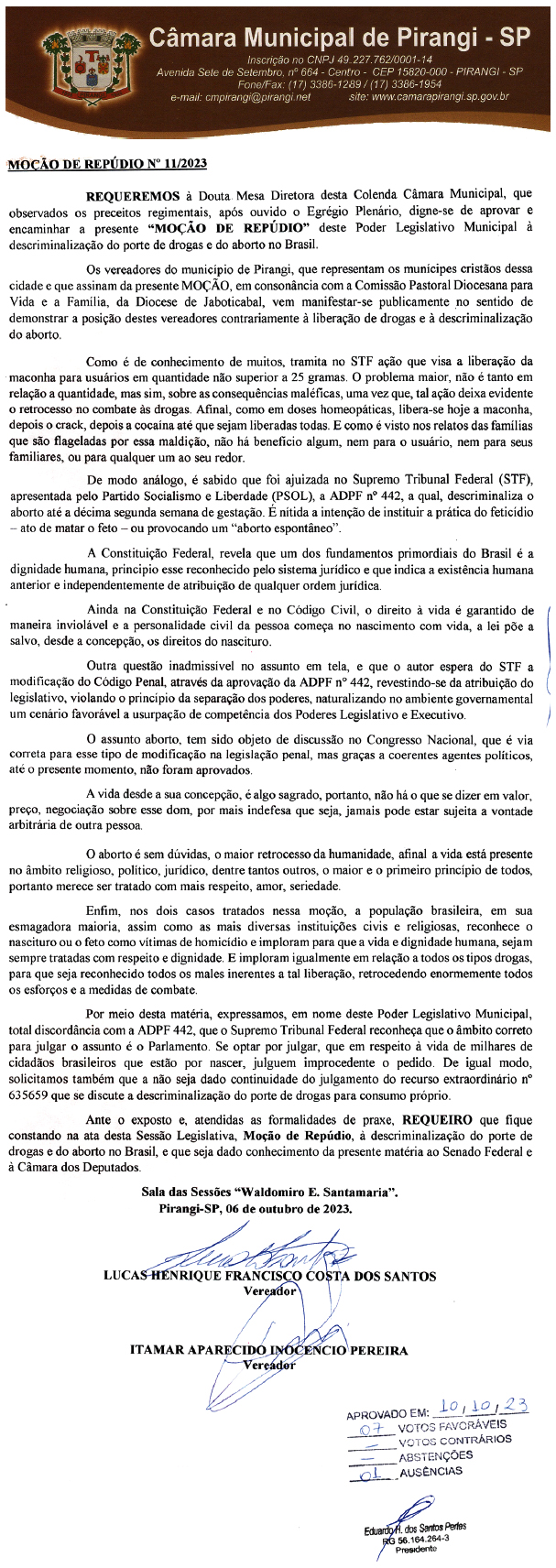 Câmara se posiciona contra a descriminalização do porte de drogas e do aborto.