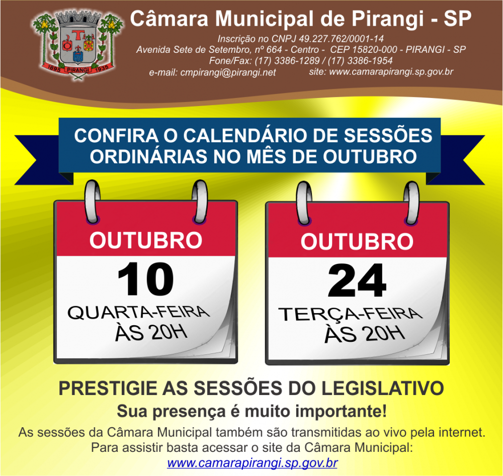 Calendário de sessões ordinárias para o mês de outubro.