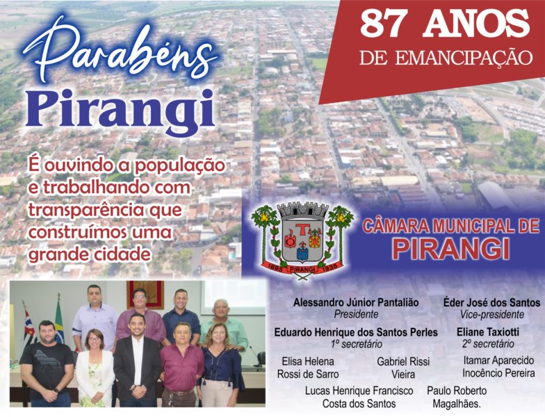 Câmara parabeniza Pirangi pelos 87 anos de emancipação.