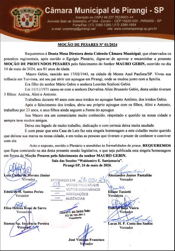  Câmara aprova moção de pesar pelo falecimento de Mauro Gebin.