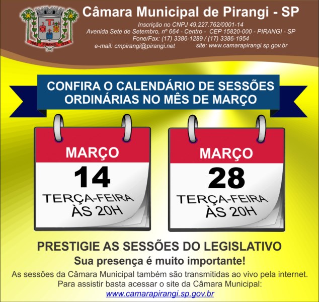 Calendário de sessões ordinárias para o mês de março.