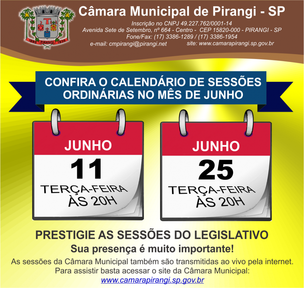 Calendário de sessões ordinárias para o mês de junho.