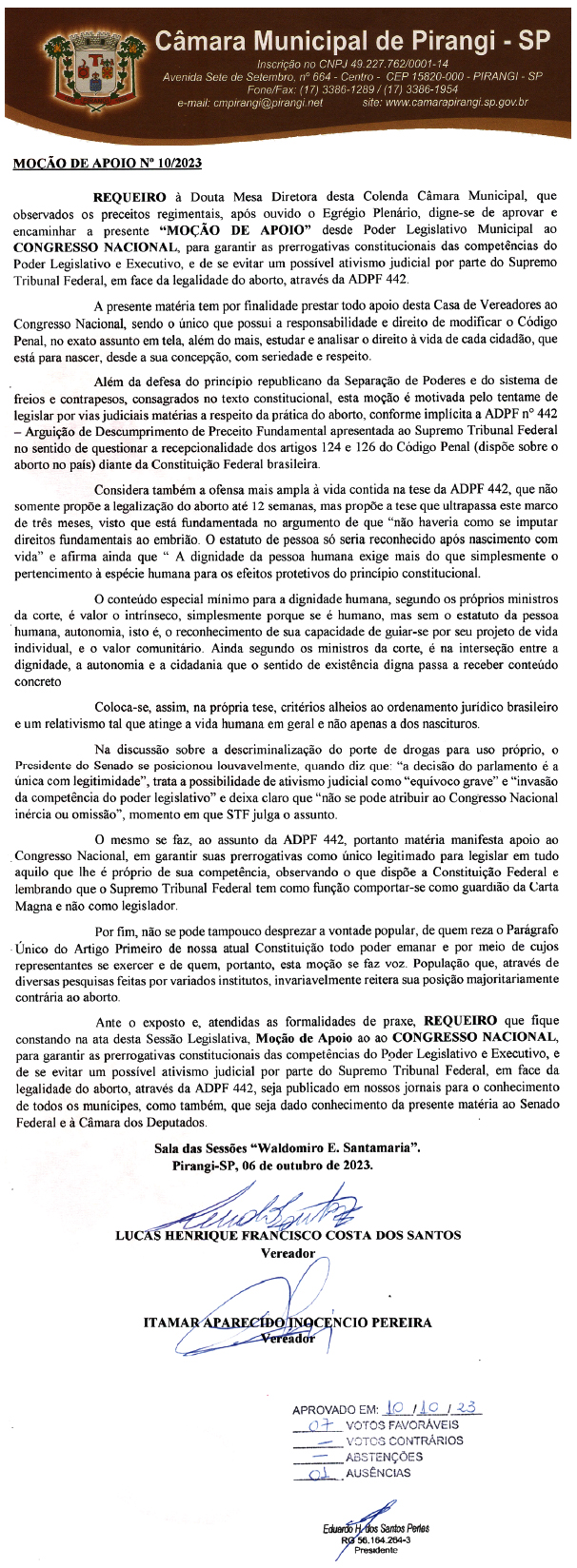 Câmara aprova moção de apoio ao Congresso em defesa da competência legislativa.